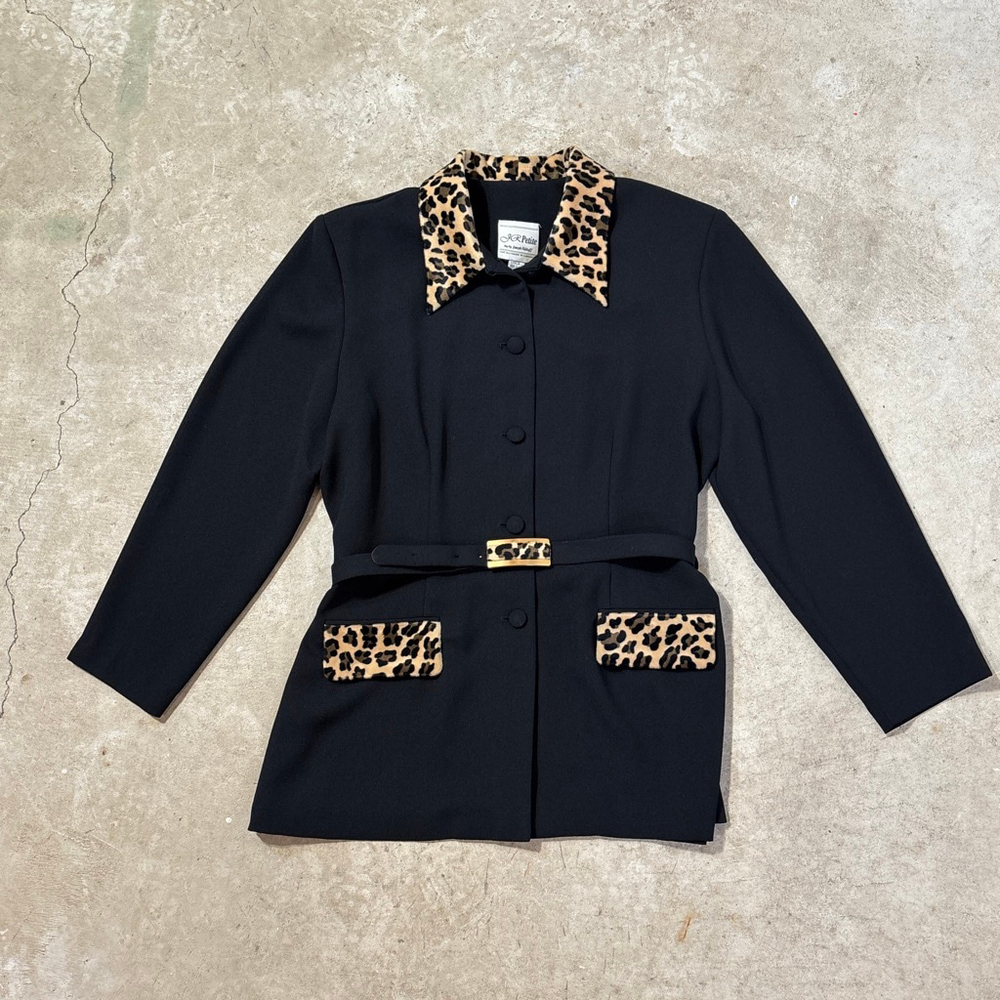 Vintage Joseph Ribkoff Petite Blazer Women's 16 Black Leopard Print Belted